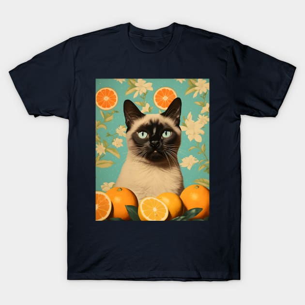 Retro Kitsch Siamese Cat and Citrus Fruit Collage T-Shirt by KittyStampedeCo